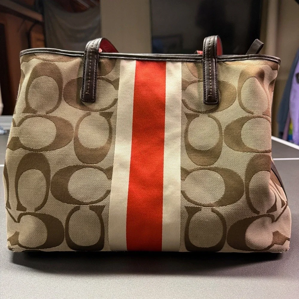 Coach Signature Jacquard Stripe Tote Bag Khaki Brown Red Canvas Shoulder Bag